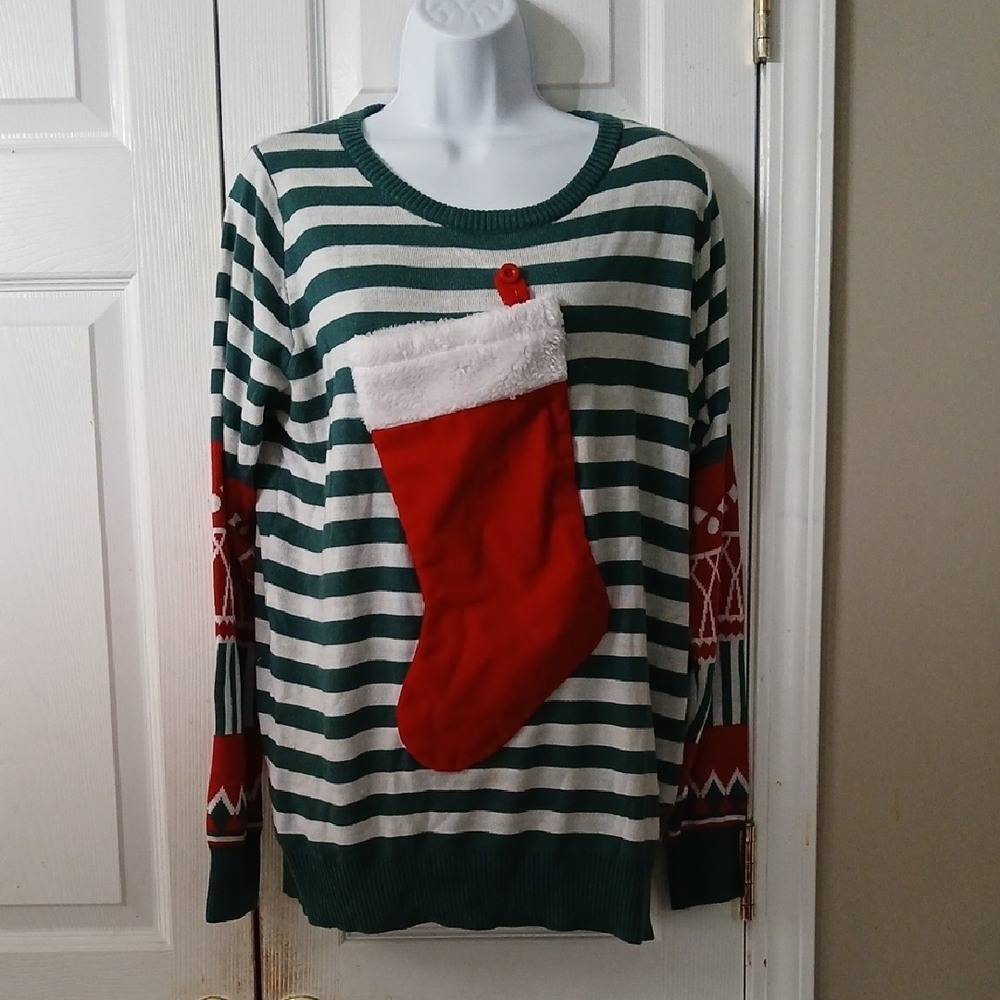 Tipsy Elves Striped Green and Red Christmas Stocking Ugly Sweater Sz L NWOT